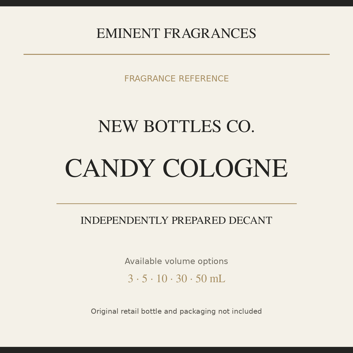 New Bottles Co. Candy Cologne — independently prepared Eminent Fragrances decant. Original retail bottle not included.
