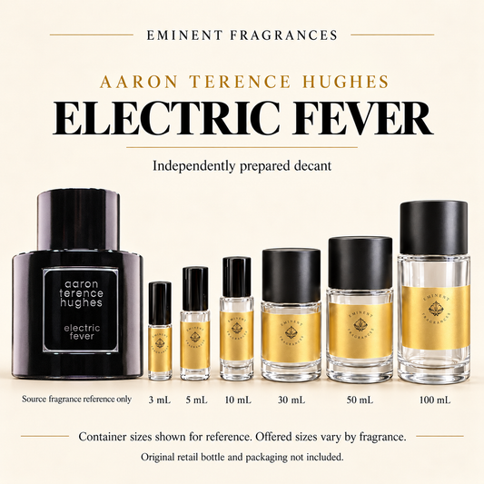 Aaron Terence Hughes Electric Fever Decant source fragrance bottle beside Eminent Fragrances decant lineup. Independent decant; original retail bottle and packaging not included.