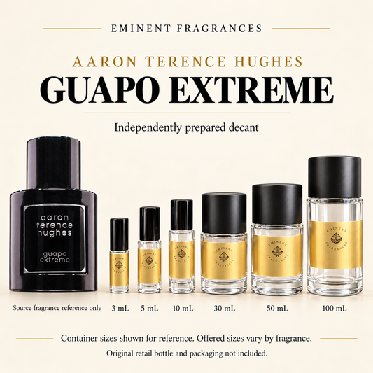 Aaron Terence Hughes Guapo Extreme Decant source fragrance bottle beside Eminent Fragrances decant lineup. Independent decant; original retail bottle and packaging not included.