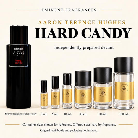 Aaron Terence Hughes Hard Candy Decant source fragrance bottle beside Eminent Fragrances decant lineup. Independent decant; original retail bottle and packaging not included.