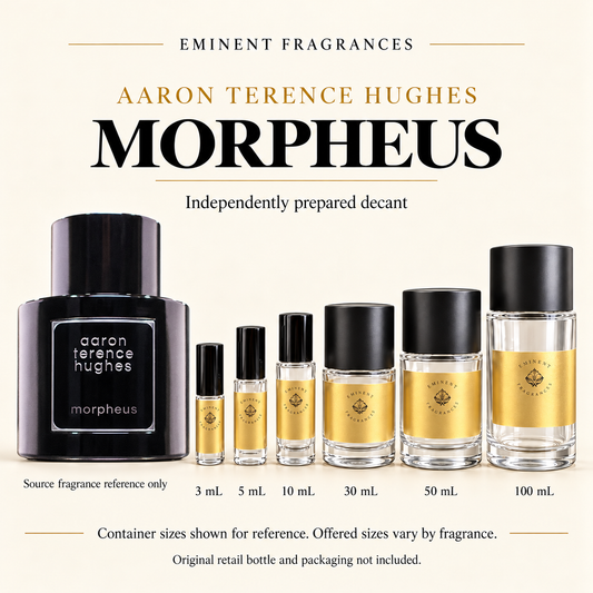 Aaron Terence Hughes Morpheus Decant source fragrance bottle beside Eminent Fragrances decant lineup. Independent decant; original retail bottle and packaging not included.