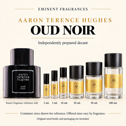Aaron Terence Hughes Oud Noir Decant source fragrance bottle beside Eminent Fragrances decant lineup. Independent decant; original retail bottle and packaging not included.