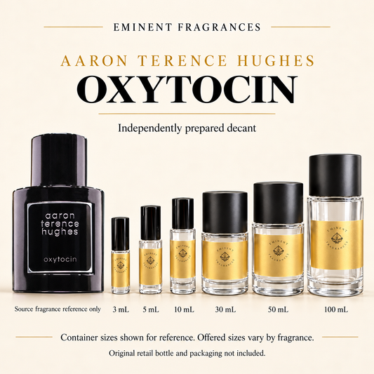 Aaron Terence Hughes Oxytocin Decant source fragrance bottle beside Eminent Fragrances decant lineup. Independent decant; original retail bottle and packaging not included.