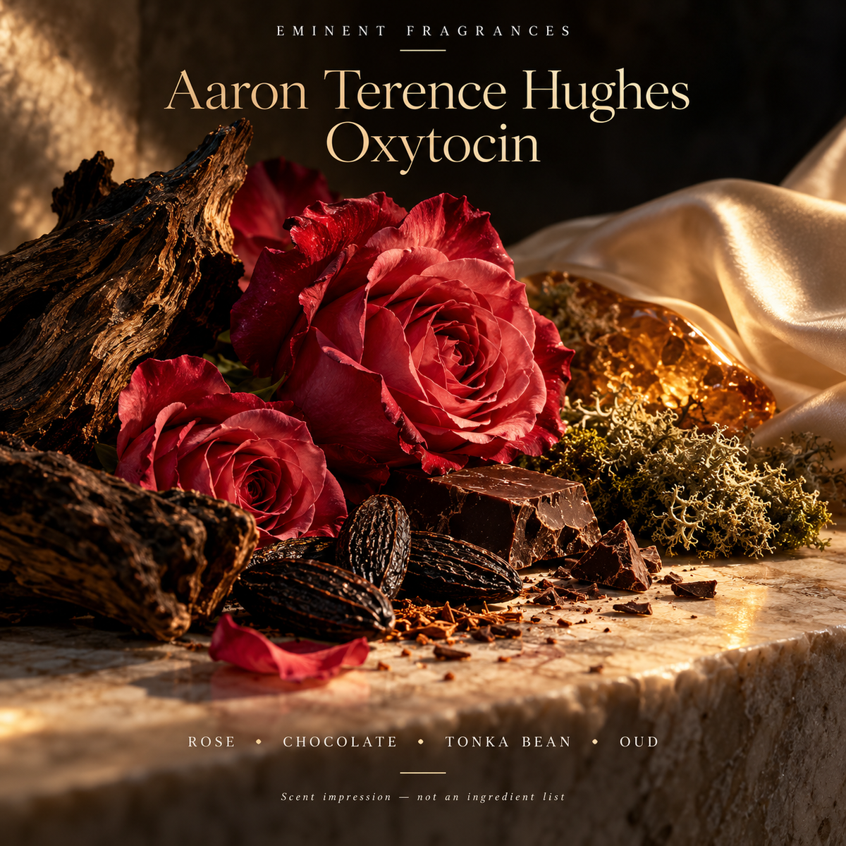 Aaron Terence Hughes Oxytocin Decant scent-note artwork: Top notes: Rose absolute, Turkish rose | Heart notes: Tonka bean, Spices, Chocolate, Vanilla, Tree moss | Base notes: Musk, Patchouli, Oud, Ambergris. Artistic scent impression, not an ingredient list or items supplied.