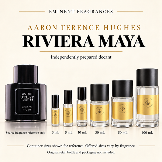 Aaron Terence Hughes Riviera Maya Decant source fragrance bottle beside Eminent Fragrances decant lineup. Independent decant; original retail bottle and packaging not included.