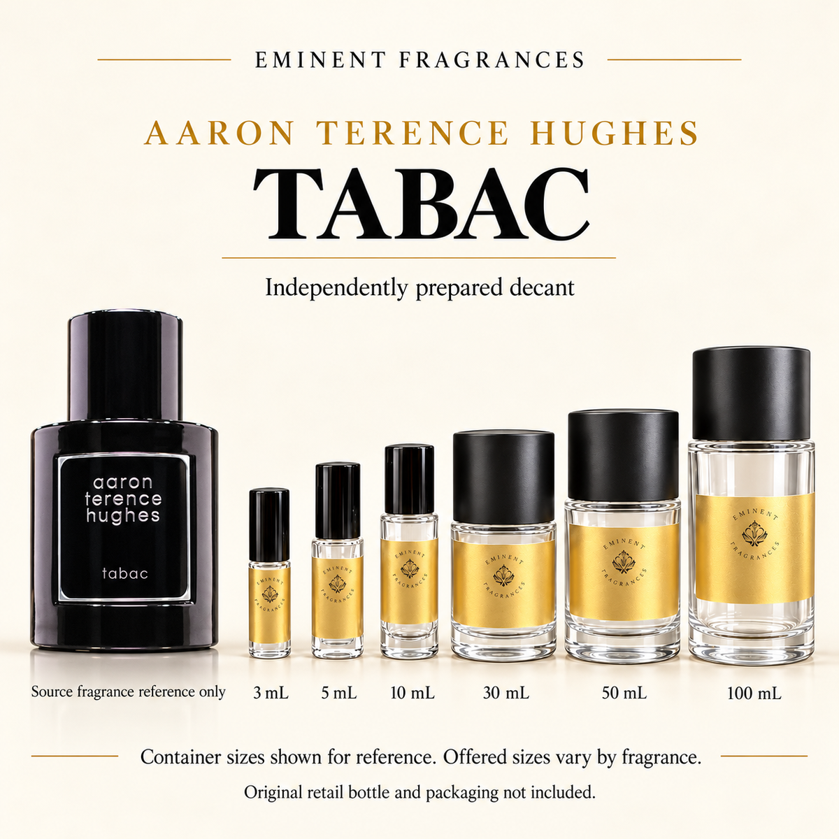 Aaron Terence Hughes Tabac Decant source fragrance bottle beside Eminent Fragrances decant lineup. Independent decant; original retail bottle and packaging not included.