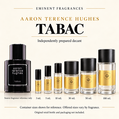 Aaron Terence Hughes Tabac Decant source fragrance bottle beside Eminent Fragrances decant lineup. Independent decant; original retail bottle and packaging not included.