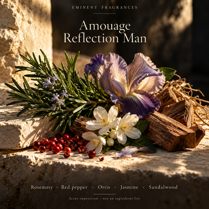 Amouage Reflection Man Decant scent-note artwork: Rosemary · Red pepper · Bitter orange leaf · Neroli · Orris · Jasmine · Ylang-ylang · Vetiver · Patchouli · Sandalwood · Cedarwood. Artistic scent impression, not an ingredient list or items supplied.