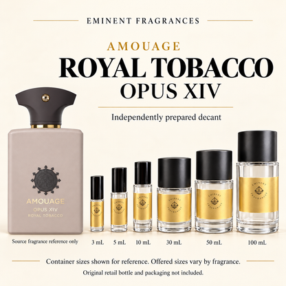 Amouage Royal Tobacco Opus XIV Decant source fragrance bottle beside Eminent Fragrances decant lineup. Independent decant; original retail bottle and packaging not included.