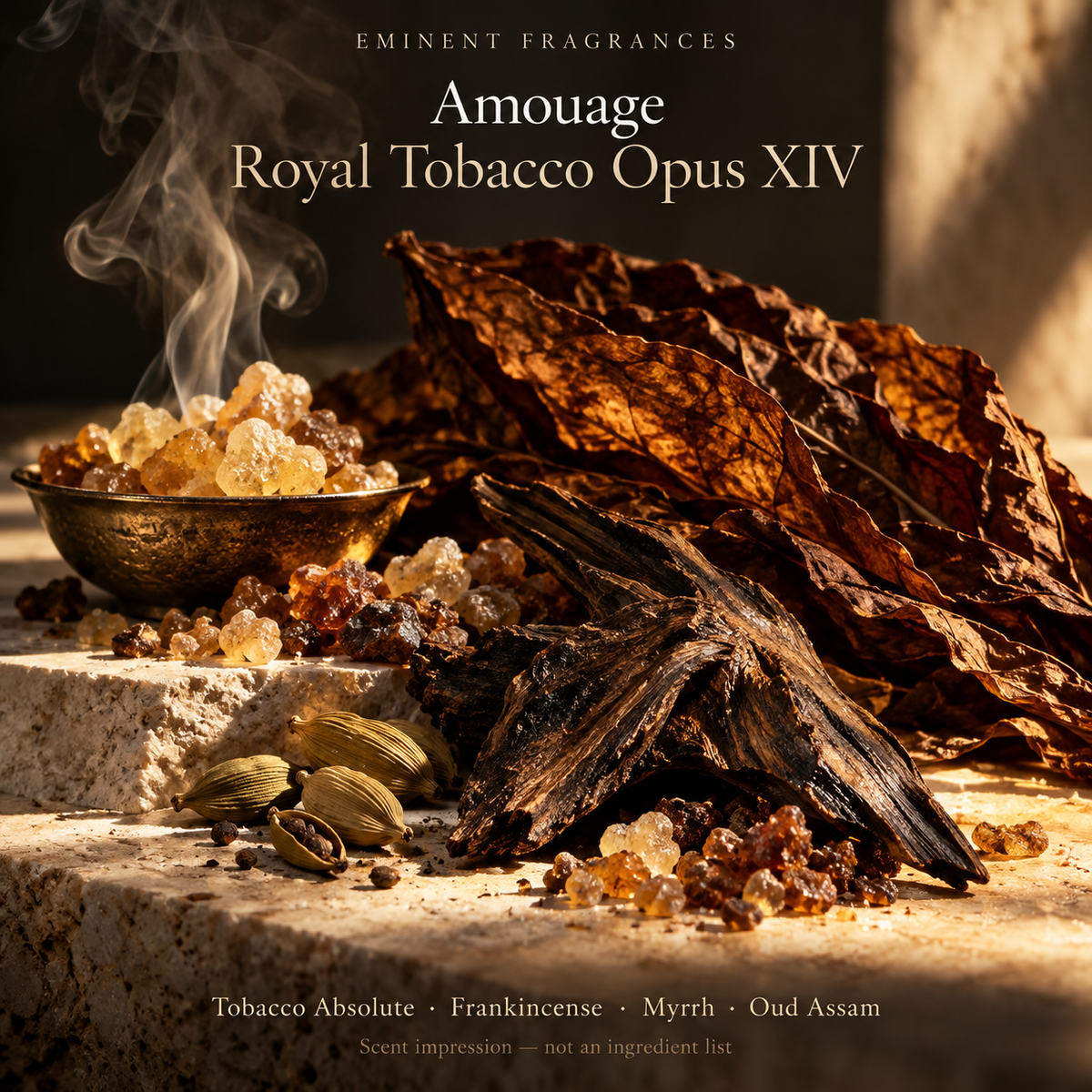 Amouage Royal Tobacco Opus XIV Decant scent-note artwork: Frankincense Oil · Elemi · Cardamom · Anise · Basil · Bergamot · Tobacco Absolute · Liquorice Root · Lavender · Prunol · Fenugreek · Orange Blossom · Osmanthus · Rose · Frankincense Resinoid · Peru Balsam · Benzoin · Labdanum · Myrrh · Birch Tar · Tonka Bean · Vanilla Madagascar · Vetiver · Guaiac W. Artistic scent impression, not an ingredient list or items supplied.