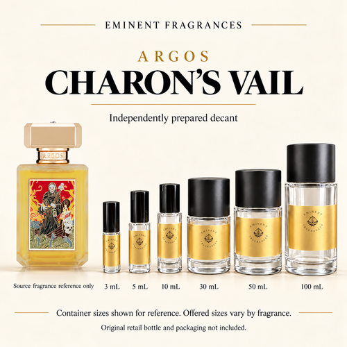 Argos Charon's Vail source retail bottle alongside Eminent Fragrances actual decant-container lineup. Independently prepared decant. Original retail bottle and packaging not included. Sizes shown for reference.