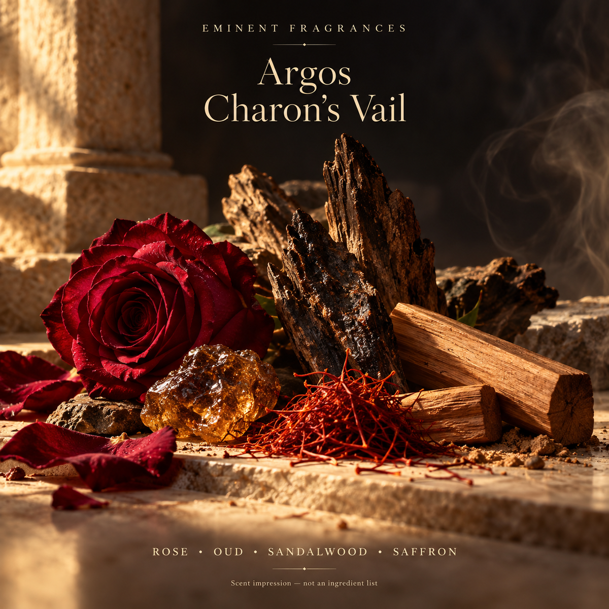 Argos Charon's Vail Decant scent-note artwork: Top notes: Rose | Heart notes: Patchouli, Sandalwood, Oud, Atlas cedar | Base notes: Labdanum, Saffron. Artistic scent impression, not an ingredient list or items supplied.