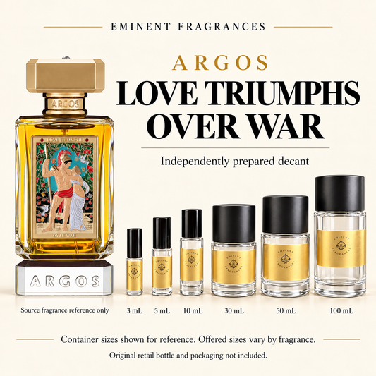 Argos Love Triumphs Over War source retail bottle alongside Eminent Fragrances actual decant-container lineup. Independently prepared decant. Original retail bottle and packaging not included. Sizes shown for reference.