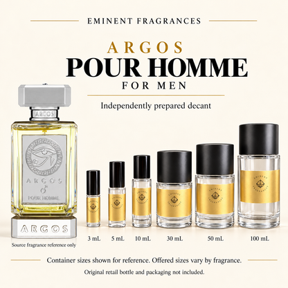 Argos Pour Homme for Men source retail bottle alongside Eminent Fragrances actual decant-container lineup. Independently prepared decant. Original retail bottle and packaging not included. Sizes shown for reference.