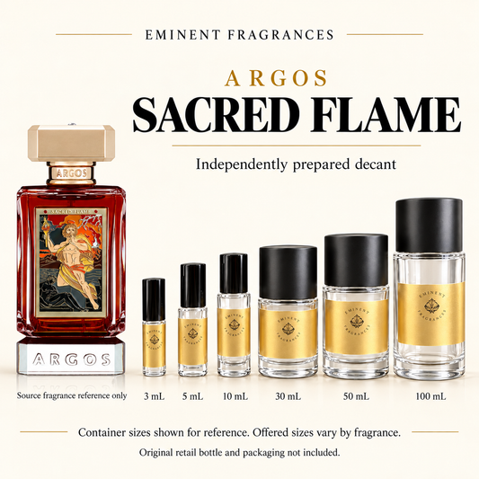 Argos Sacred Flame source fragrance reference beside Eminent Fragrances six-container decant lineup. Independent decant; original retail bottle and packaging not included. Sizes shown for reference.
