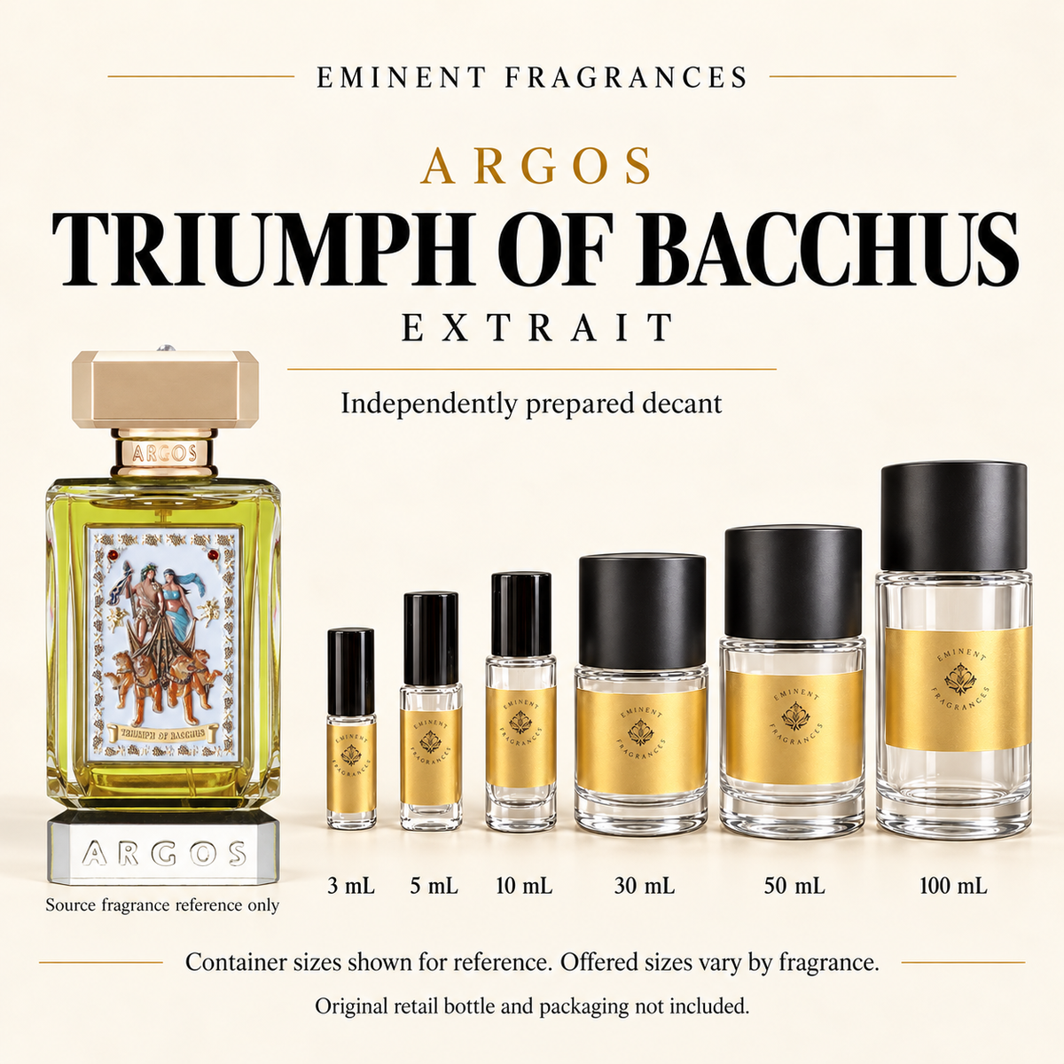 Argos Triumph of Bacchus Extrait source retail bottle alongside Eminent Fragrances actual decant-container lineup. Independently prepared decant. Original retail bottle and packaging not included. Sizes shown for reference.