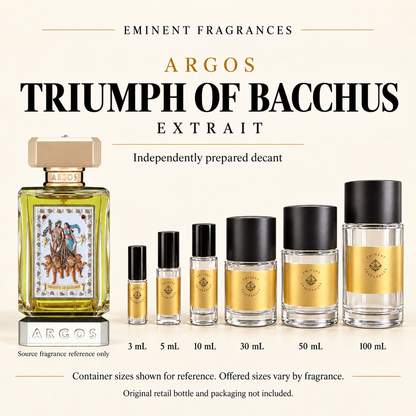 Argos Triumph of Bacchus Extrait source retail bottle alongside Eminent Fragrances actual decant-container lineup. Independently prepared decant. Original retail bottle and packaging not included. Sizes shown for reference.