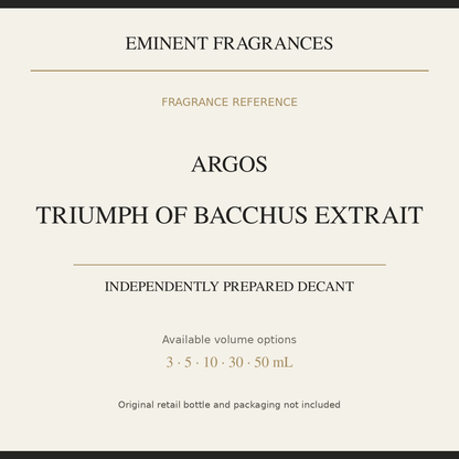 Argos Triumph of Bacchus Extrait — independently prepared Eminent Fragrances decant. Original retail bottle not included.