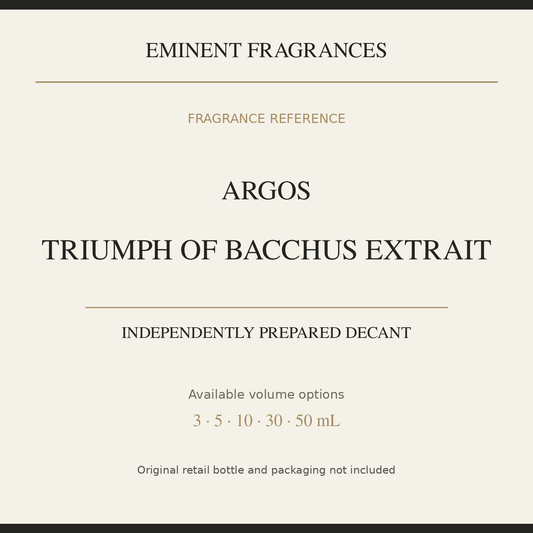 Argos Triumph of Bacchus Extrait — independently prepared Eminent Fragrances decant. Original retail bottle not included.