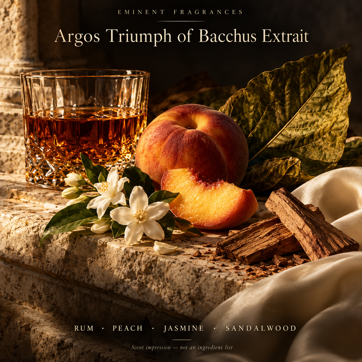 Argos Triumph of Bacchus Extrait Decant scent-note artwork: Top: Rum, Peach, Apple, Green tobacco leaf | Heart: Jasmine, Patchouli | Base: Vanilla, Sandalwood, Musk. Artistic scent impression, not an ingredient list or items supplied.