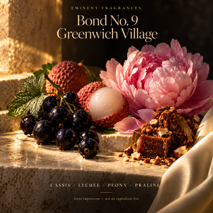 Bond No. 9 Greenwich Village Decant scent-note artwork: Cassis · Lychee · Mandarin · Peony · Waterlily · Patchouli · Jasmine · Ambrox · Peach musk · Vanilla · Oakmoss · Praline. Artistic scent impression, not an ingredient list or items supplied.