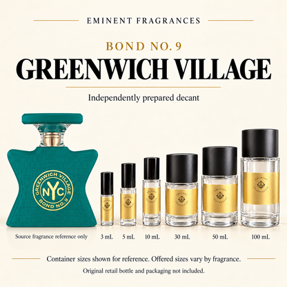 Bond No. 9 Greenwich Village source retail bottle alongside Eminent Fragrances actual decant-container lineup. Independently prepared decant. Original retail bottle and packaging not included. Sizes shown for reference.