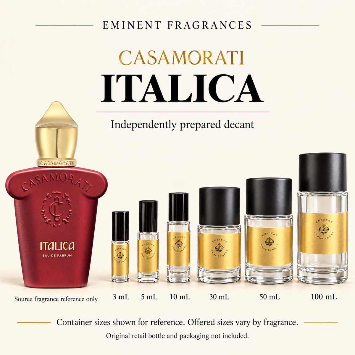 Casamorati Italica Decant source fragrance bottle beside Eminent Fragrances decant lineup. Independent decant; original retail bottle and packaging not included.