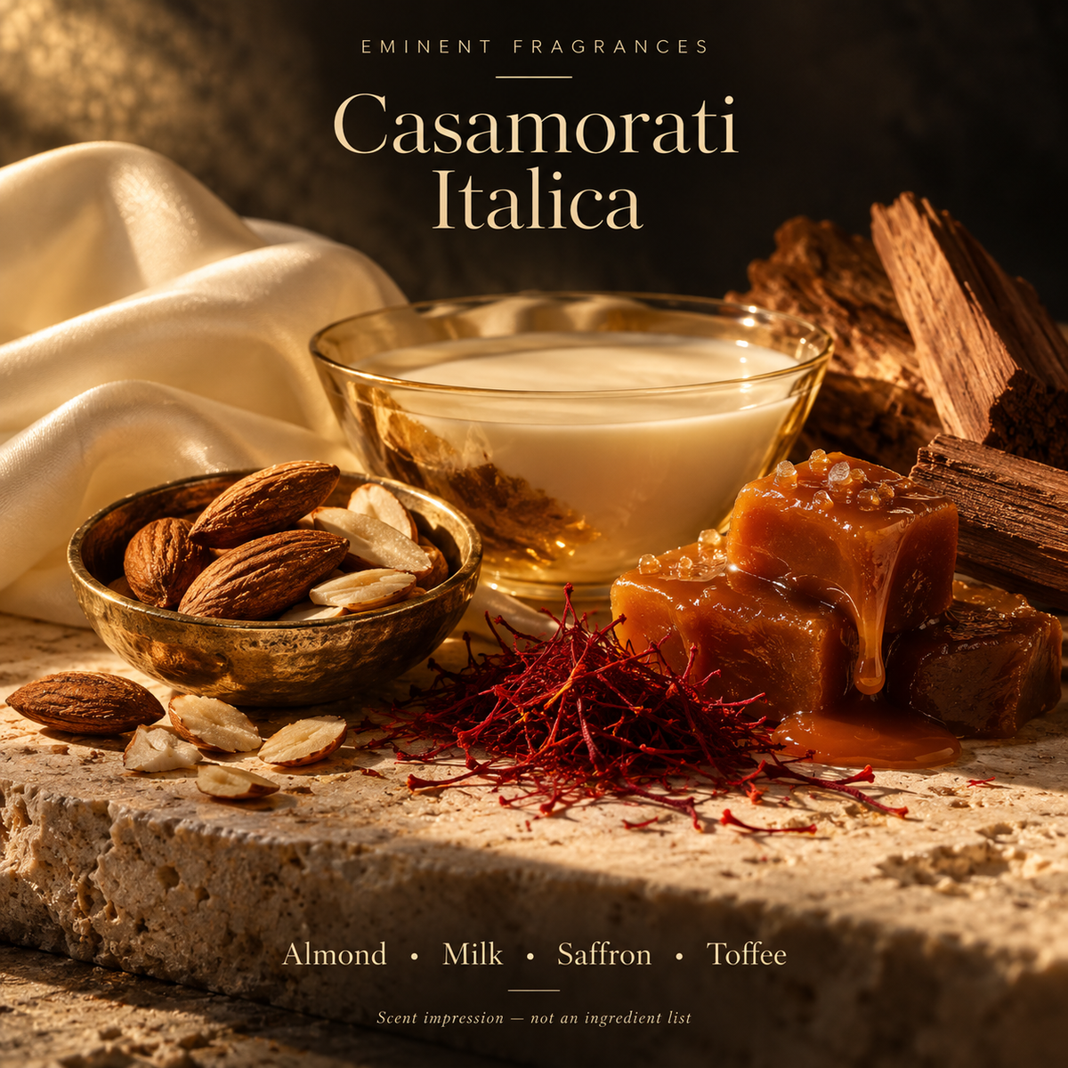 Casamorati Italica Decant scent-note artwork: Almond • Milk • Saffron • Toffee • Vanilla • Musk • Cedarwood • Sandalwood. Artistic scent impression, not an ingredient list or items supplied.