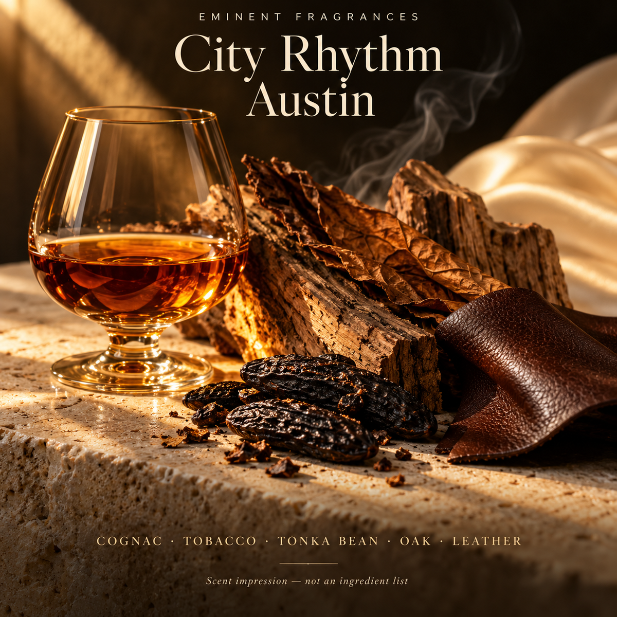City Rhythm Austin Decant scent-note artwork: Cognac · Tobacco · Tonka bean · Oak · Leather · Sandalwood · Vanilla · Musk · Amber. Artistic scent impression, not an ingredient list or items supplied.