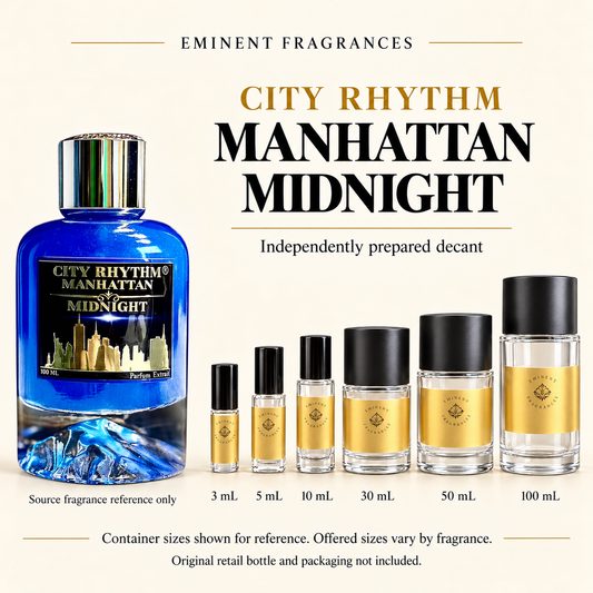 City Rhythm Manhattan Midnight source retail bottle alongside Eminent Fragrances actual decant-container lineup. Independently prepared decant. Original retail bottle and packaging not included. Sizes shown for reference.