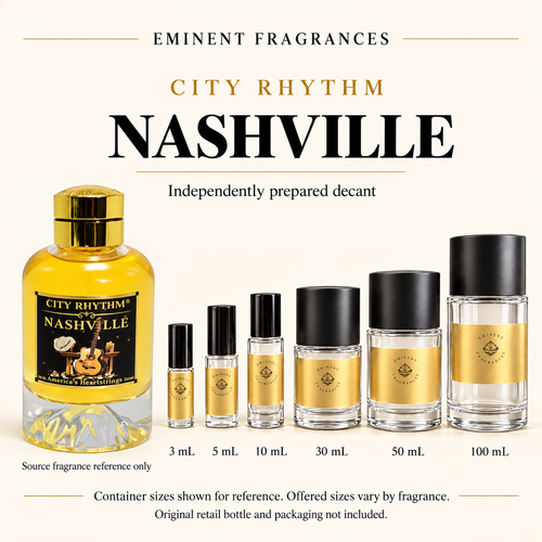 City Rhythm Nashville source fragrance reference beside Eminent Fragrances six-container decant lineup. Independent decant; original retail bottle and packaging not included. Sizes shown for reference.