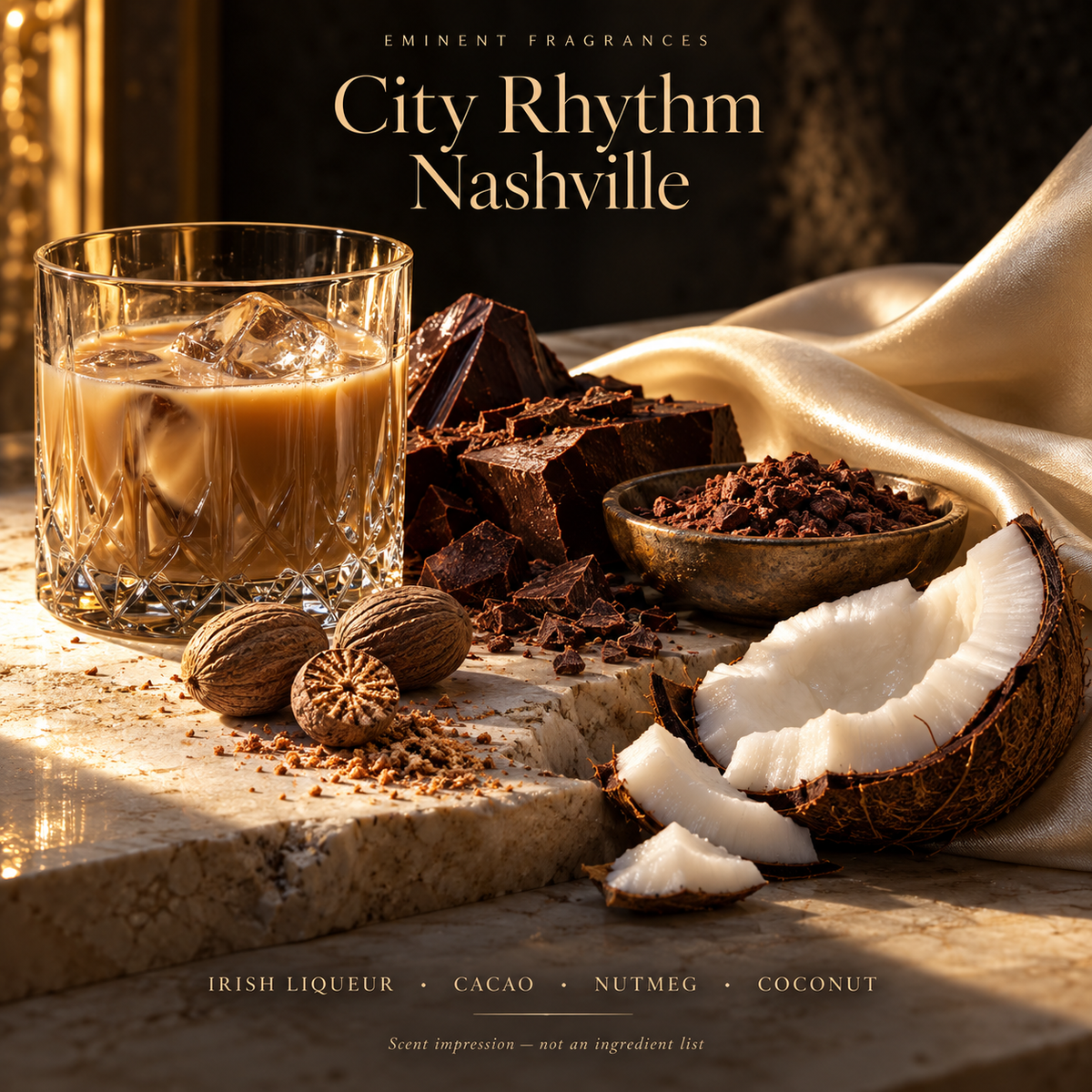 City Rhythm Nashville Decant scent-note artwork: Top notes: Irish liqueur, Orange, Nutmeg | Heart notes: Cacao, Red berries, Mocha | Base notes: Coconut, Musk, Vanilla. Artistic scent impression, not an ingredient list or items supplied.