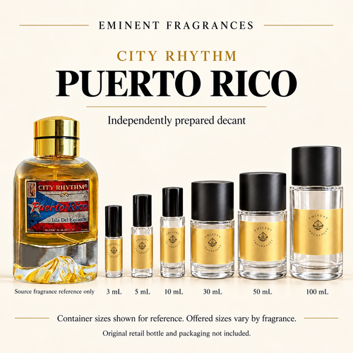 City Rhythm Puerto Rico source retail bottle alongside Eminent Fragrances actual decant-container lineup. Independently prepared decant. Original retail bottle and packaging not included. Sizes shown for reference.