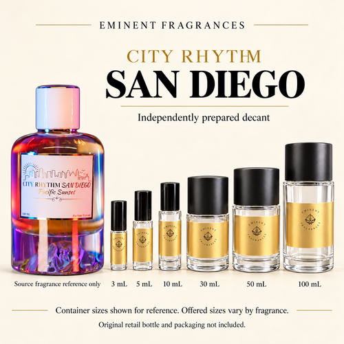 City Rhythm San Diego source retail bottle alongside Eminent Fragrances actual decant-container lineup. Independently prepared decant. Original retail bottle and packaging not included. Sizes shown for reference.