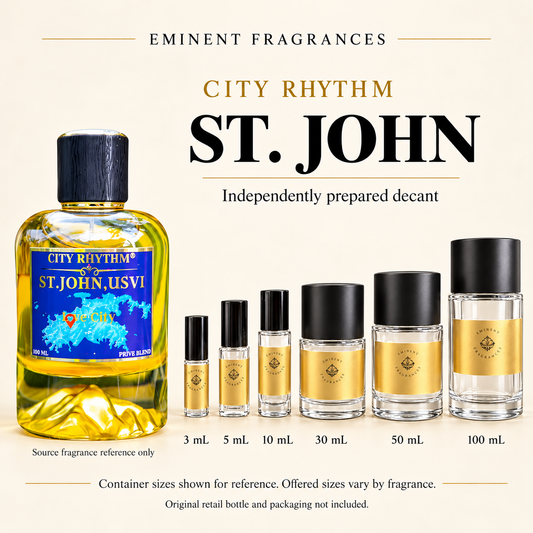 City Rhythm St. John source retail bottle alongside Eminent Fragrances actual decant-container lineup. Independently prepared decant. Original retail bottle and packaging not included. Sizes shown for reference.