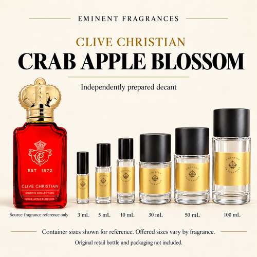 Clive Christian Crab Apple Blossom source retail bottle alongside Eminent Fragrances actual decant-container lineup. Independently prepared decant. Original retail bottle and packaging not included. Sizes shown for reference.