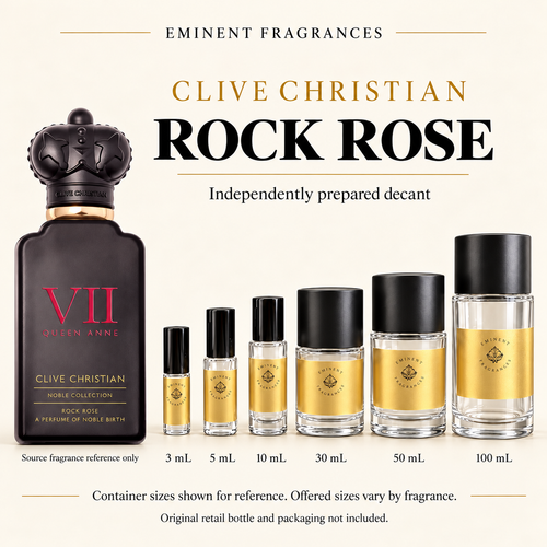 Clive Christian Rock Rose source retail bottle alongside Eminent Fragrances actual decant-container lineup. Independently prepared decant. Original retail bottle and packaging not included. Sizes shown for reference.