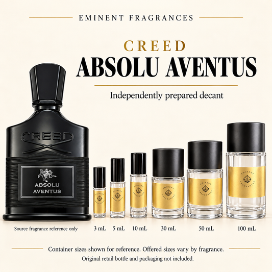 Creed Absolu Aventus Decant source fragrance bottle beside Eminent Fragrances decant lineup. Independent decant; original retail bottle and packaging not included.
