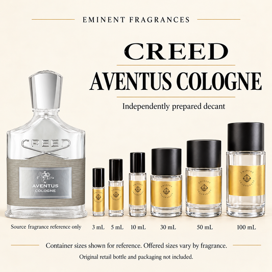 Creed Aventus Cologne Decant source fragrance bottle beside Eminent Fragrances decant lineup. Independent decant; original retail bottle and packaging not included.