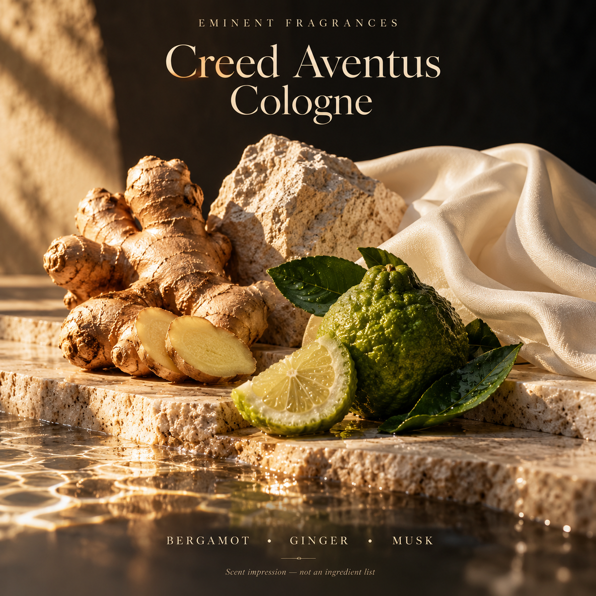 Creed Aventus Cologne Decant scent-note artwork: Bergamot • Ginger • Musk. Artistic scent impression, not an ingredient list or items supplied.