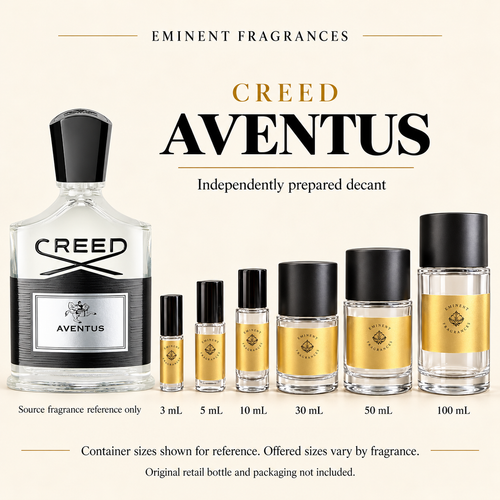 Creed Aventus Decant source fragrance bottle beside Eminent Fragrances decant lineup. Independent decant; original retail bottle and packaging not included.