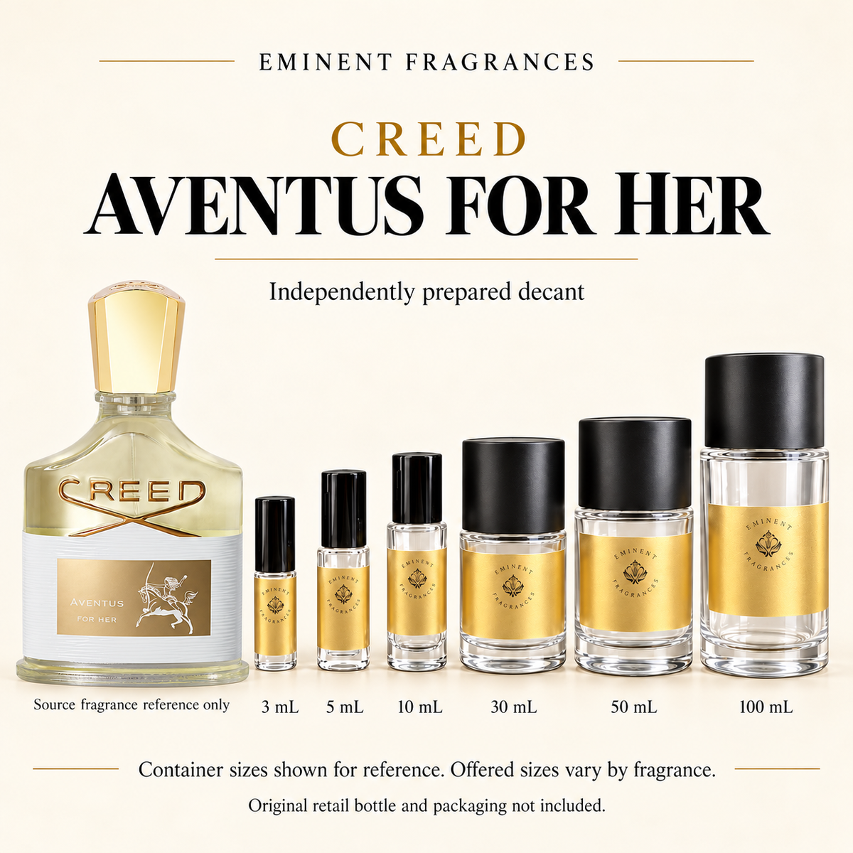Creed Aventus for Her Decant source fragrance bottle beside Eminent Fragrances decant lineup. Independent decant; original retail bottle and packaging not included.