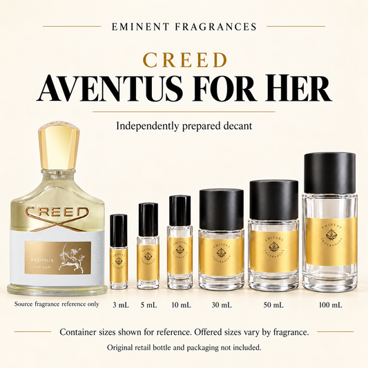 Creed Aventus for Her Decant source fragrance bottle beside Eminent Fragrances decant lineup. Independent decant; original retail bottle and packaging not included.