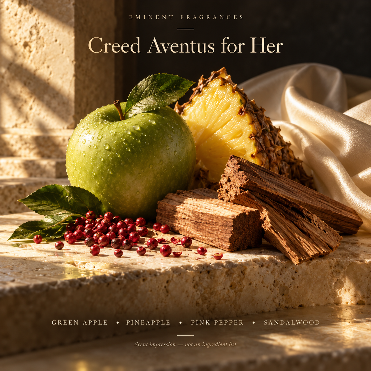 Creed Aventus for Her Decant scent-note artwork: Green apple • Bergamot • Pink pepper • Lemon • Rose • Lilac • Pineapple • Sandalwood • Cedarwood • Patchouli • Musk. Artistic scent impression, not an ingredient list or items supplied.