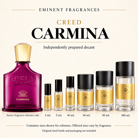 Creed Carmina Decant source fragrance bottle beside Eminent Fragrances decant lineup. Independent decant; original retail bottle and packaging not included.