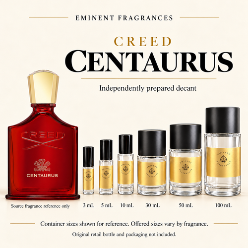 Creed Centaurus Decant source fragrance bottle beside Eminent Fragrances decant lineup. Independent decant; original retail bottle and packaging not included.