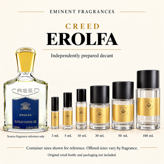 Creed Erolfa Decant source fragrance bottle beside Eminent Fragrances decant lineup. Independent decant; original retail bottle and packaging not included.