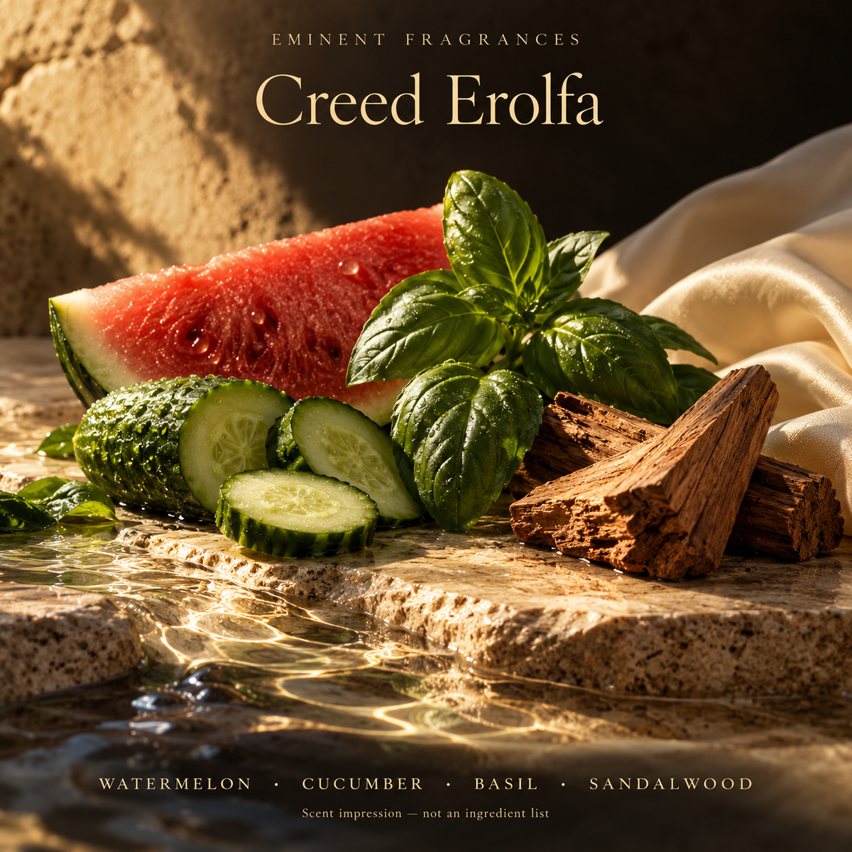 Creed Erolfa Decant scent-note artwork: Top notes: Lemon, Lime, Mandarin, Basil, Bergamot, Ginger | Heart notes: Violet, Lavender, Coriander, Watermelon, Cucumber, Jasmine | Base notes: Sandalwood, Musk, Woods. Artistic scent impression, not an ingredient list or items supplied.
