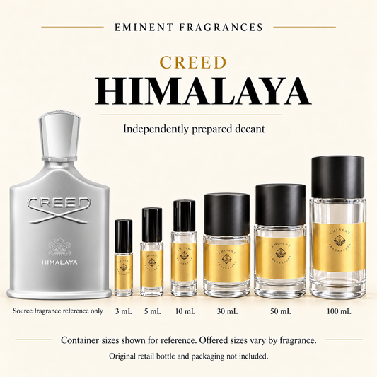 Creed Himalaya Decant source fragrance bottle beside Eminent Fragrances decant lineup. Independent decant; original retail bottle and packaging not included.