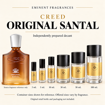 Creed Original Santal Decant source fragrance bottle beside Eminent Fragrances decant lineup. Independent decant; original retail bottle and packaging not included.
